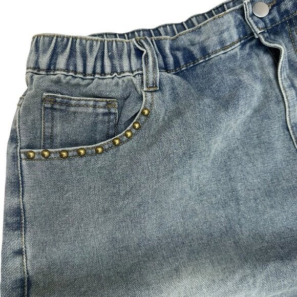 Women Studded Denim Shorts Size XL High Elastic Waist Decorated Studs Frayed Hem - Picture 7 of 12
